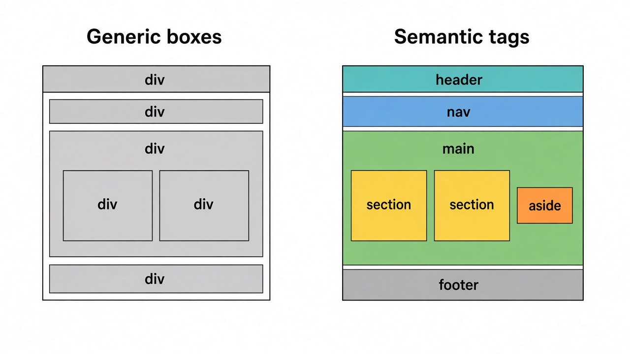左側整頁都是灰色 div 盒子;右側同樣版面改用 header、nav、main、section、aside、footer 上色區分