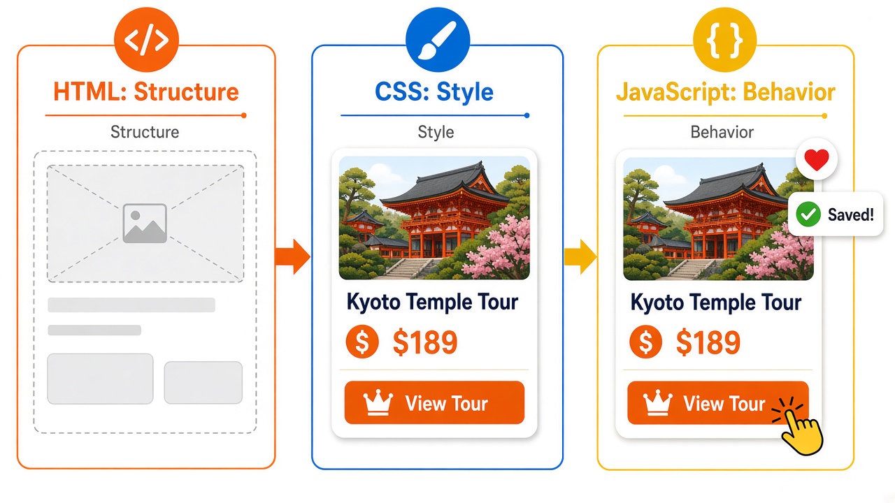 同一塊內容的三層：HTML 是結構骨架，CSS 加上外觀，JavaScript 處理點擊後的行為
