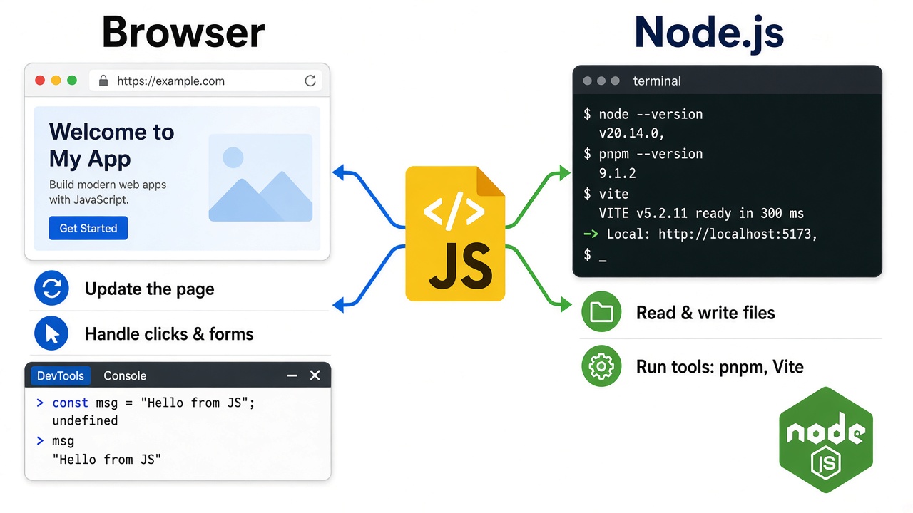 同一份 JavaScript 可以在瀏覽器操作網頁與表單，也可以在 Node.js 讀寫檔案、執行 pnpm 與 Vite 等工具